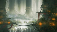 fantasy art tree houses waterfall bridge wallpaper