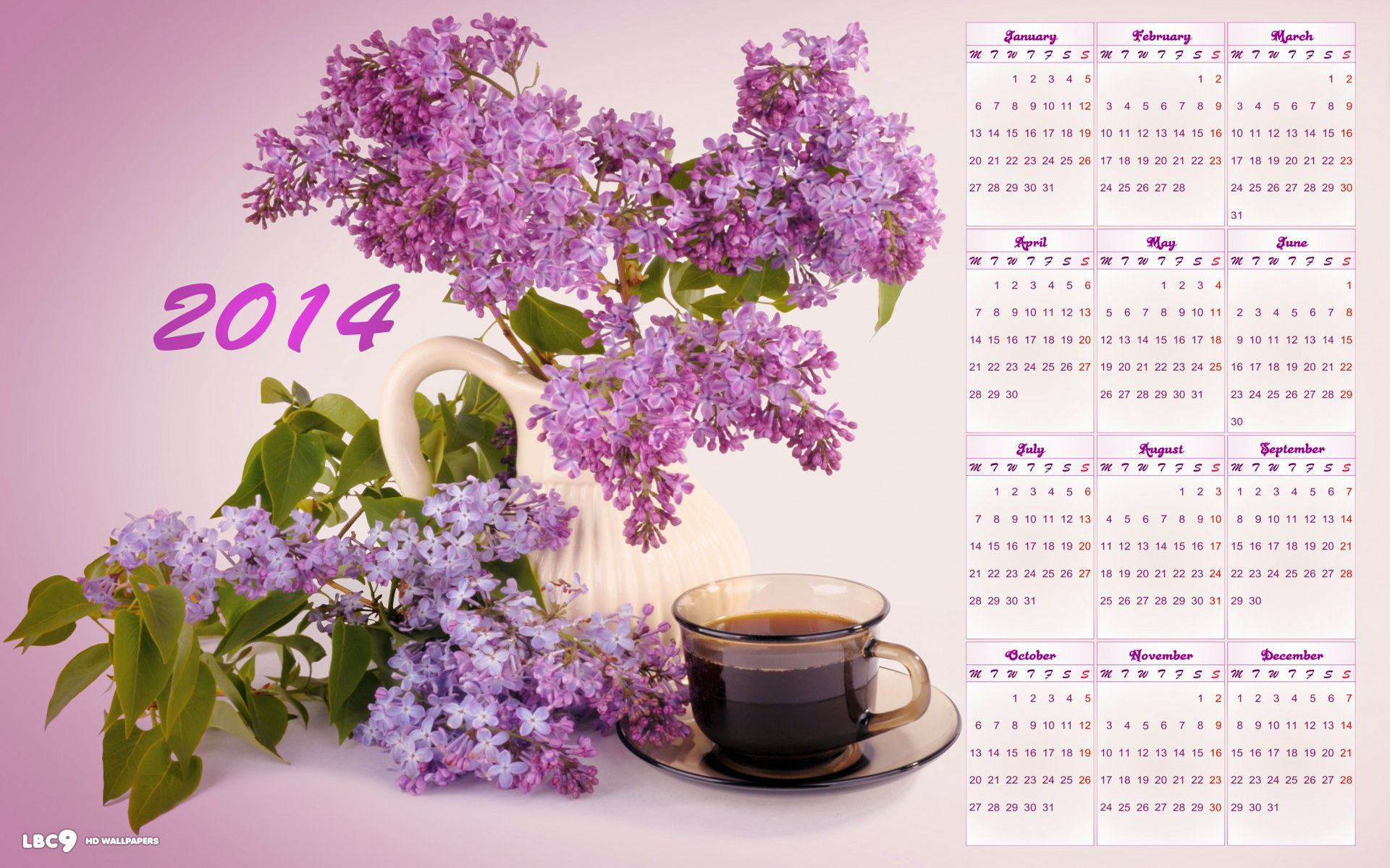 new year 2014 calendar pink lilac flowers coffee holiday widescreen