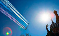 victory day parade red square russia church planes flag holiday